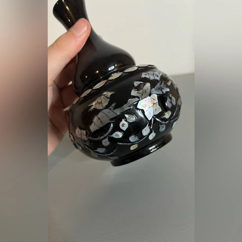 Vintage Orient Express Black Plastic Mother Of Pearl Vase Korea Floral BirdMotif